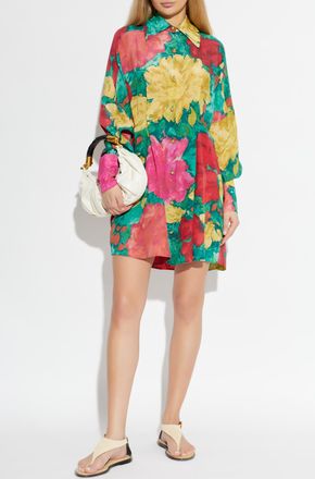 Balmain Silk Dress With Floral Motif, Womens, Multicolour