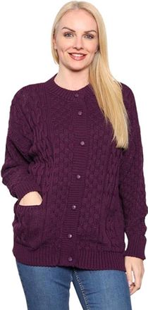 Generic New Womens Sweater Ladies Button Up 2 Front Pockets Full Sleeve Round Neck Cable Knitted Cardigan Purple