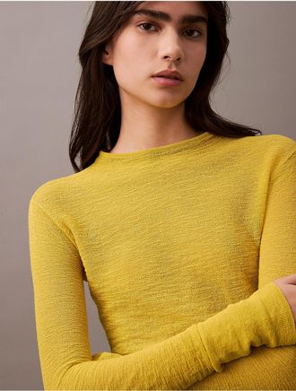 Calvin Klein Womens Textured Slim Mock-Neck T-Shirt - Yellow - XS