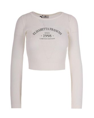 Elisabetta Franchi Off White Graphic Round Neck Sweater