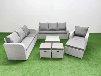 Fimous 10 Seater Poly Rattan Outdoor Garden Furniture Square Coffee Table Sofa Set Patio 3 Seater Sofa Reclining Chair 3 Seater Sofa 3 Stools Light