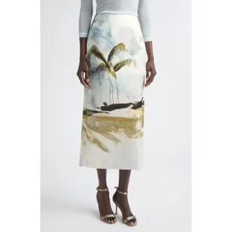 Oscar De La Renta Dominican Landscape Satin Pencil Skirt in Blue Green Multi at Nordstrom, Size 10