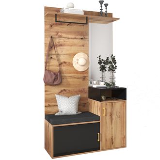 STILVORA Mueble De Entrada Con Espejo, 2 Compartimentos Para Zapatos, Banco, 4 Ganchos Y Barra, En Mdf, Negro, 105&times;40&times;191,5 Cm