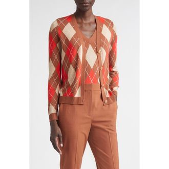 St. John Argyle Plaid Wool Blend Cardigan in Camel/rust/persimmon Multi at Nordstrom, Size X-Large