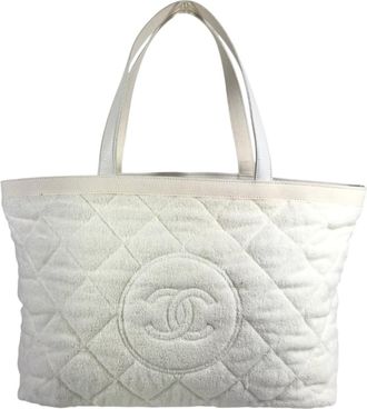 Chanel White Yellow Cotton Leather Beach Bag Shoulder Bag Tote Bag (Pre-Owned)