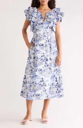 Sugarlips Bruceton Floral Print Long Sleeve Minidress in White-Blue Toile Sky at Nordstrom, Size X-Small