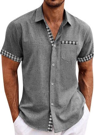 Generic Mens Short Sleeve Shirt Stretch Stain Shield Plain Shirts Regular Fit Business Blouse Casual Smart Button Down T-Shirt,Grey,4XL
