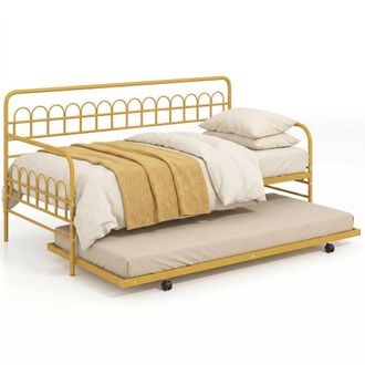 Costway Costway Single Daybed with Trundle Metal Sofa Bed w/Curved Backrest in Gold