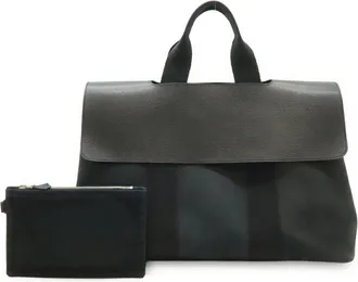 Herm&egrave;s Valparaiso Black Toile Chevron Leather Handbag Tote Bag (Pre-Owned)