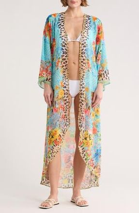 Ranee&rsquo;s Leopard Floral Longline Duster in Blue at Nordstrom Rack, Size One Size Oz
