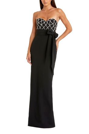 Mac Duggal Strapless Crepe Embellished Bustier Gown With Bow in Black at Nordstrom, Size 14