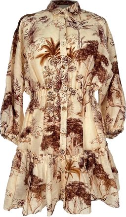 Sandro Printed Mini Shirt Dress in Brown Linen