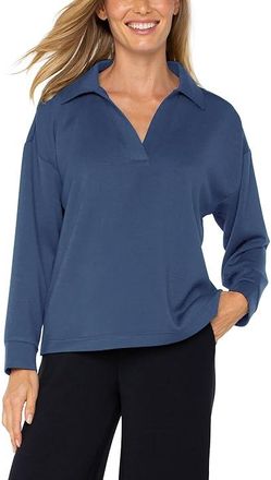 Liverpool L.A. Plush Comfort Knit V-Neck Popover With Collar Womens Clothing Prussian Blue : XL, Modal/Polyester/Spandex