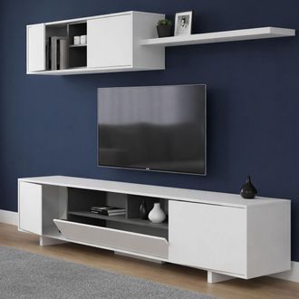 Dmora Pared Equipada Dfantin, Mueble De Tv Para Sal&oacute;n, Composici&oacute;n Del Juego De Sala, Juego De Sal&oacute;n Con Mueble Alto, 260x41h46 Cm, Blanco Brillo Y Roble - 
