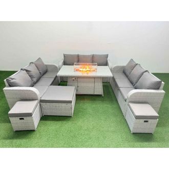 Fimous Pe Rattan Lounge Sofa Set 12 Seater Outdoor Garden Furniture Set with Firepit Dining Table 3 Seater Sofa 3 Stools Light Grey - Fimous
