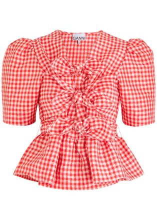 Ganni Gingham Taffeta Blouse - Red And White - 34 (UK4 / Xxs)