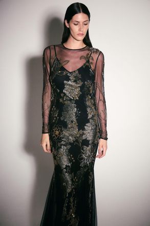 Karen Millen Womens Floral Applique Embellished Metallic Georgette Woven Maxi Dress - Black - Size 16 UK