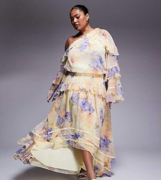 Asos Curve pearl embellished chiffon exaggerated maxi dress in floral print-pink