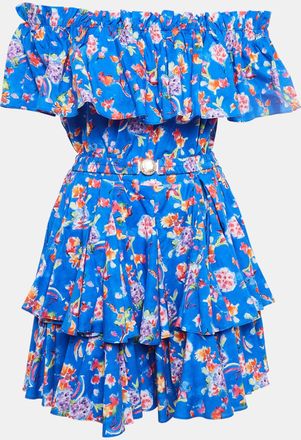 Caroline Constas Blue Printed Cotton Blend Ruffled Mini Dress