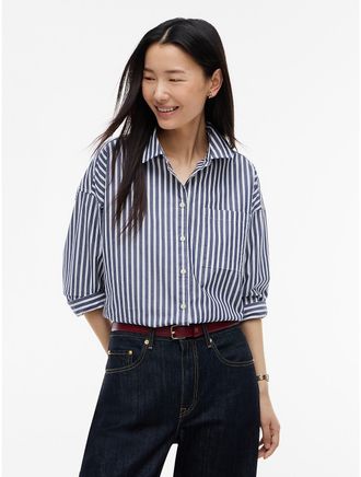 Tommy Hilfiger Womens Oversized Striped Poplin Pocket Shirt - Preppy Navy - XXL