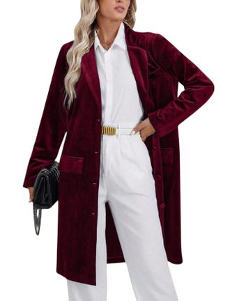 Generic Womens Long Velvet Cardigan Jacket Elegant Notched Lapels Button Long Blazer Coat Vintage Loose Silky Velour Duster Outwear Fall Winter Casual Office 