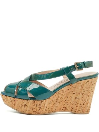 Ferragamo peep-toe wedge sandals - women - Patent Calf Leather/Calf Leather/Rubber - 36.5 - Green