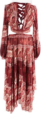 Zimmermann Red Eyes On Summer Lace-up Printed Chiffon Maxi Dress Size S