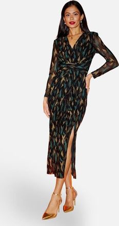 Yumi Metallic Sparkle Mesh Wrap Midi Dress in Black at Nordstrom, Size 12