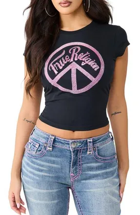 True Religion Crystal Embellished Graphic Stretch Cotton Baby Tee in Jet Black at Nordstrom, Size Xx-Large