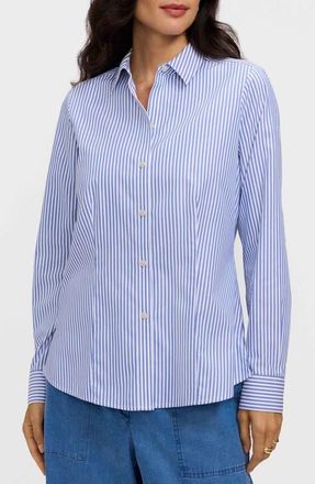 Foxcroft Dianna Stripe Cotton Button-Up Shirt in Powder Blue/White at Nordstrom, Size 14