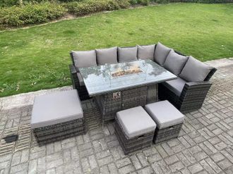 Fimous 9 Seater High Back Rattan Gas Fire Pit Corner Sofa Set Garden Furniture Heater Dining Table Set Right Hand in Dark Grey