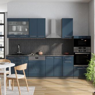 Vicco Mueble De Cocina Fame-line, Azul Oscuro Alto Brillo/antracita, 300 Cm Con Armario Alto, Sin Encimera
