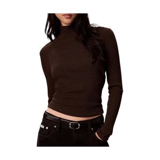 Calvin Klein Geribbelde Merino Coltrui - Dames - Truien - Bruin - Maat: S Wol