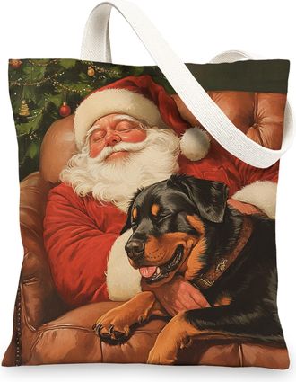 Generic Christmas Rottweilers Dog Canvas Tote Bag for Shopping 13x15, Xmas Santa Puppy Reusable Grocery Print Pattern Bag for Women, Pet New Year Beach Aesthe