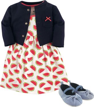 Hudson Baby Cotton Dress, Cardigan and Shoe Set in Watermelon at Nordstrom, Size 12-18M