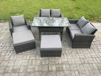 Fimous High Back Outdoor Garden Furniture Rattan Sofa Dining Table Set with Armchair 2 Big Footstool Dark Grey Mixed