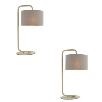 Loops 2 PACK Satin Champagne Table Lamp - 23cm Grey Fabric Cylinder Shade - Desk Light
