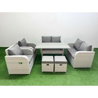 Fimous 8 Seater Outdoor Reclining Chair Love Sofa Set Rattan Garden Furniture Set with Rectangular Dining Table 2 Stools Light Grey - Fimous