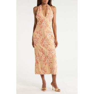Ramy Brook Aiden Floral Embroidered Halter Neck Midi Dress in Natural Fleur at Nordstrom Rack, Size 00