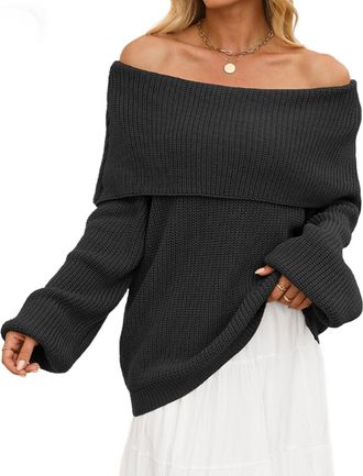 Generic Solid Colour Off Shoulder Pullover Jumper Womens One Shoulder Knit Top Oversized Cosy Knitwear