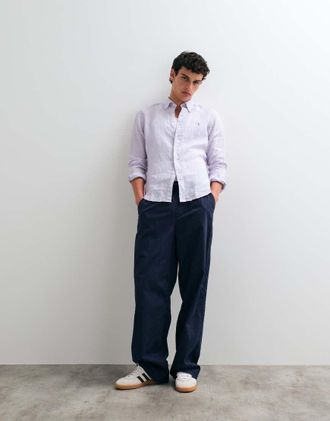 Polo Ralph Lauren custom fit camicia sportiva a maniche lunghe in lino viola-Bianco