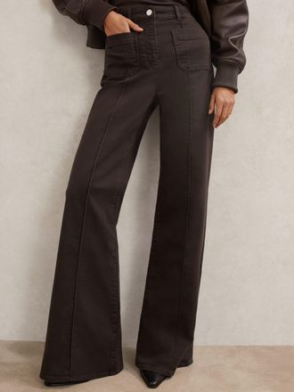 Reiss Chocolate Brown Petite Patch-pocket Flared Jeans, 30