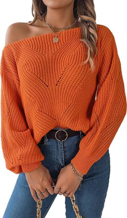 Feoya Womens Crochet Tops Lantern Sleeve Sweater One Shoulder Knit Tops Fashion Hollow Out Scoop Neck Pullover for Ladies M Orange