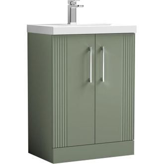 Balterley Retro 2 Door Floor Standing Vanity Unit with Thin-Edge 1 Tap Hole Ceramic Basin - 600mm - Satin Green Balterley