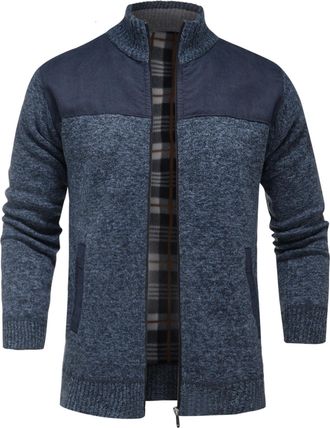 AlltheMen Mens Casual Knitted Cardigan Stand Collar Full Zip Sweater Contrast Color Autumn Winter Coat Navy 3XL
