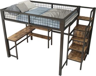 STILVORA Cama Alta Cama Doble Con Escritorio, Estantes Y Armario, 140 X 200 Cm, Sin Colch&oacute;n, Negro