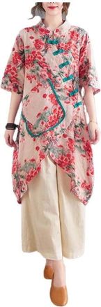 Generic Summer Hanfu Cotton-Ramie Loose Blouse 3/4 Sleeve Chinese Dress with Chinese Frog Button Tops (L)