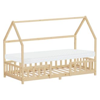 ML Design Ml-design Cama Infantil 90x200cm Natural, Con Colch&oacute;n, Protecci&oacute;n Antica&iacute;da, Techo Y Somier, Listones De Madera De Maciza De Pino Lecho Doble Montesso