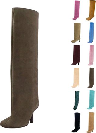 Generic Suede Knee High Boots for Women Wide Calf Square Toe Stiletto Heels Tall Boots Ladies Fall Winter Slouchy Pull On High Heel Dress Long Booties for Par