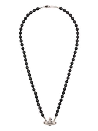 Vivienne Westwood Distinctive Black Beaded Necklace with Silver-tone Orb Pendant